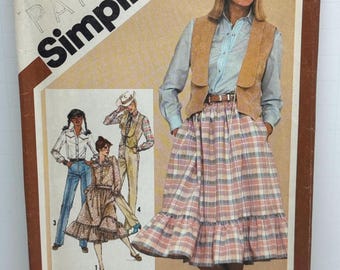 Simplicity 9851 westernkleding naaipatroon gegolfde rok rechte pijpen broek getailleerd shirt vest Prairie vierkante dansrok maat 10 ONBESNEDEN FF