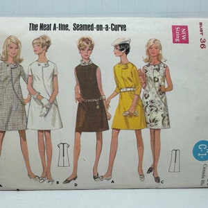 Butterick 4818 Misses 1960s A-Line Dress Seamed on a Curve Sewing Pattern Assymetrical Topstitch Front Button Trim Size 14 Bust 36 image 1