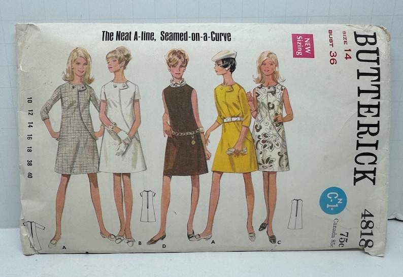 Butterick 4818 Misses 1960s A-Line Dress Seamed on a Curve Sewing Pattern Assymetrical Topstitch Front Button Trim Size 14 Bust 36 image 1