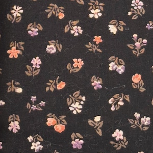 Black CALICO Floral Cotton Fabric Peach and Purple Flowers Tiny Print Vintage 1980s Choose Length