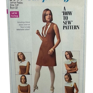 Simplicity 8060 Sleeveless Dress with Detachable Collars Sewing Pattern Semi Fitted Vintage 1960s  Size 7 Junior Petite Bust 32” UNCUT FF