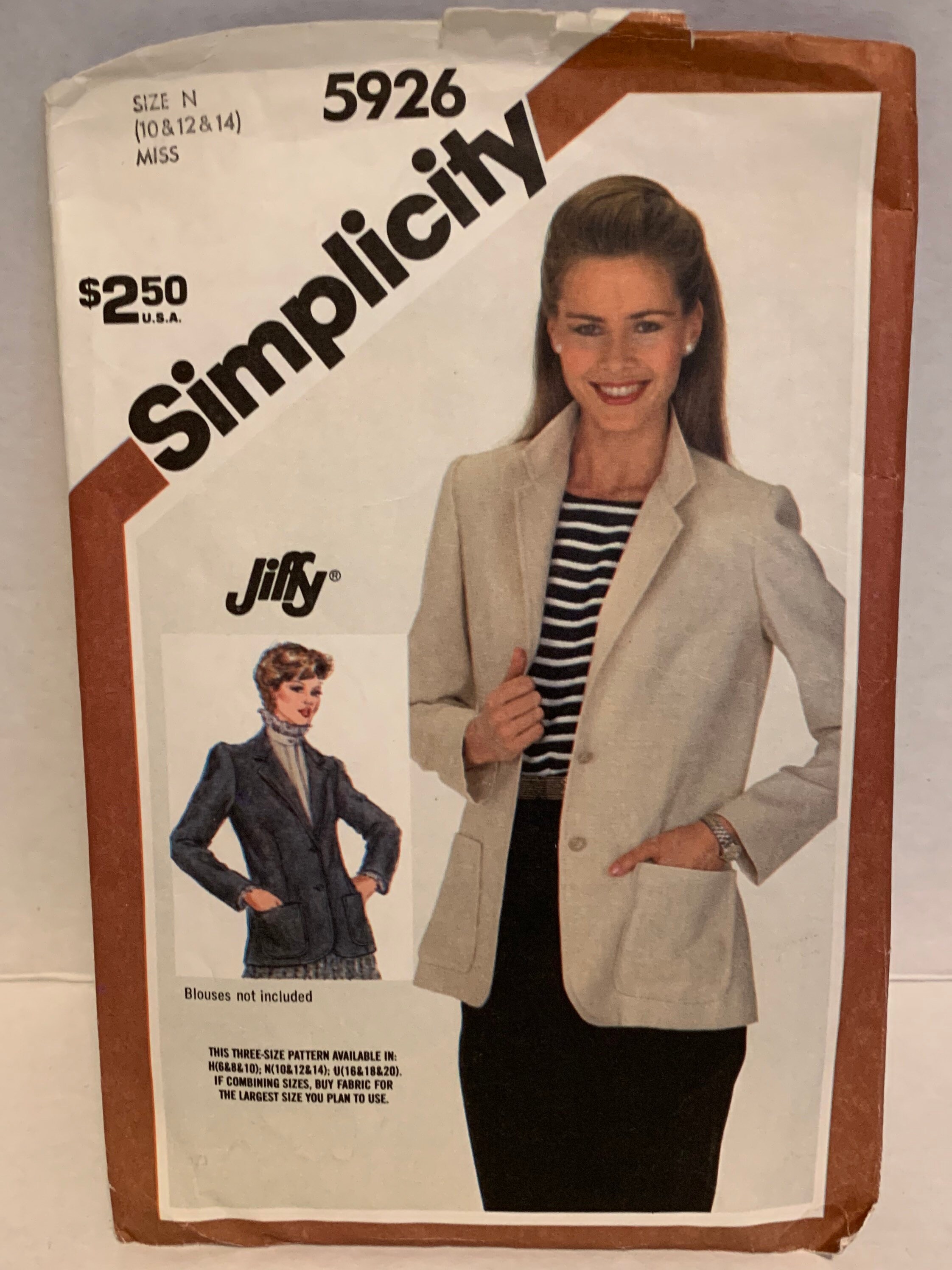 Vintage 80s Simplicity 5926 Misses Jiffy Blazer Sewing Pattern Unlined  Jacket Sizes 10-12-14 Cut and Complete 