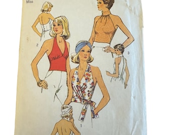 Misses Halter Top Sewing Pattern Simplicity 6358 Vintage 70s Tops Collar and Back Variations Backlesss Size 8 B31.5 W24