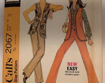 Vintage McCalls 2067 Schnittmuster Misses Weite Hose und Lange Weste Vintage 1970er Jahre Größe 14