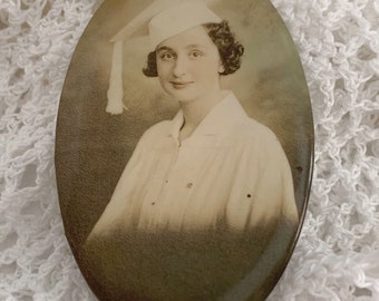 Vintage 1950s Purse Mirror with Photograph Black and White Travel Mirror