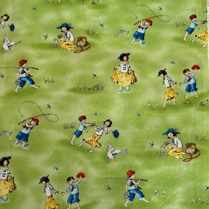 Children Playing Lime Green Cotton Fabric  Red Rooster 16010  Boys Fishing Girls Picking Flowers Running One Yard