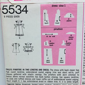 Girls Cottagecore Ruffled Dress and Pinafore Sewing Patterns Vintage 1970s Apron Dress Simplicity 5383 or 5534 Size 5 UNCUT FF image 6