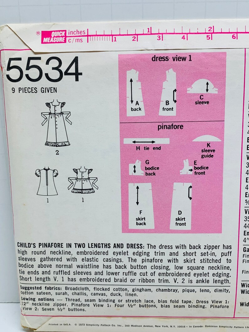 Girls Cottagecore Ruffled Dress and Pinafore Sewing Patterns Vintage 1970s Apron Dress Simplicity 5383 or 5534 Size 5 UNCUT FF image 6