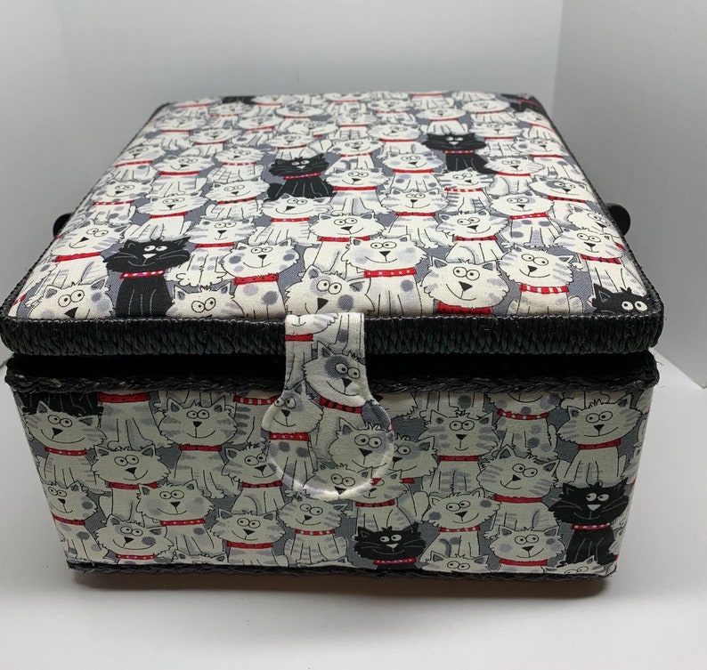 Vintage Fabric Sewing Box Kitty Cat Pattern Snap Close With Etsy