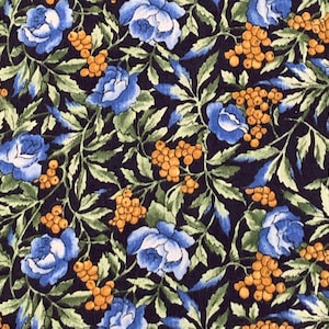 Floral Cotton Fabric Navy Blue Background OOP Sold by the Yard Blue Roses Green Leaves And Berries