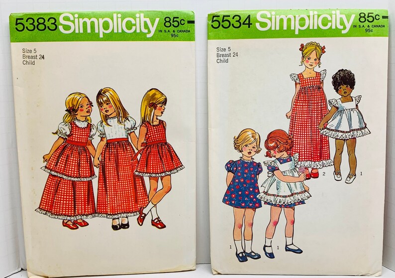 Girls Cottagecore Ruffled Dress and Pinafore Sewing Patterns Vintage 1970s Apron Dress Simplicity 5383 or 5534 Size 5 UNCUT FF image 1