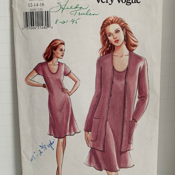 Very Easy Vogue 9245 Misses Scoop Neck Dress and Cardigan Jacket Flared Hem T-shirt Sewing Pattern 1990s Size 12-14-16 UNCUT FF