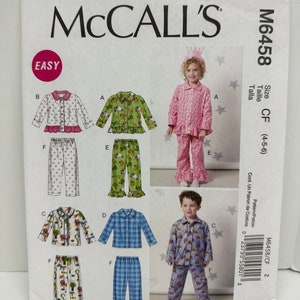 May include: A sewing pattern for children's pajamas. The pattern includes four different styles of pajamas, with a variety of colors and patterns. The pattern is for sizes 4-5-6. The pattern is called McCall's M6458.