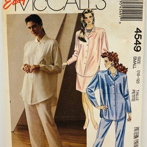 May include: A sewing pattern for a women's shirt and pants set. The pattern is for sizes small (10-12) petite. The pattern is from McCall's and is called "Easy McCall's".