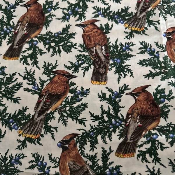 Timeless Treasures Christmas Fabric Cotton Birds Juniper and Berries Herry Smith 2004 OOP Neutral Tan Background Cedar Waxwing HS-C6624 BTY