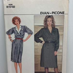 May include: Butterick sewing pattern 4681 featuring two dress designs by Evan-Picone. The pattern envelope shows illustrations of the dresses, one in a gray fabric with a red belt and the other in a striped fabric with a black belt. Size (8-10-12).