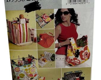 May include: A sewing pattern for making different styles of tote bags. The pattern includes instructions for making a striped tote bag, a floral tote bag, a red tote bag, and a tote bag with a zippered pocket. The pattern is from Butterick and has the number B5338.