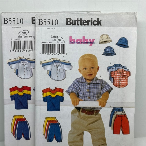 Butterick 5510 Infant and Toddler Boys T-Shirt Button Front Shirt Pants and Hat Sewing Pattern Choose Size Fits up to 29 lbs.   UNCUT FF