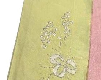 Vintage Yellow Pastel Linen Embroidered Tea Towels Circa 1950s