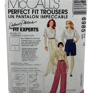 May include: McCall's Perfect Fit Trousers sewing pattern. The package shows illustrations of women's trousers in different styles. The pattern includes details for fit, designer details, and a fly zipper. Size 16.