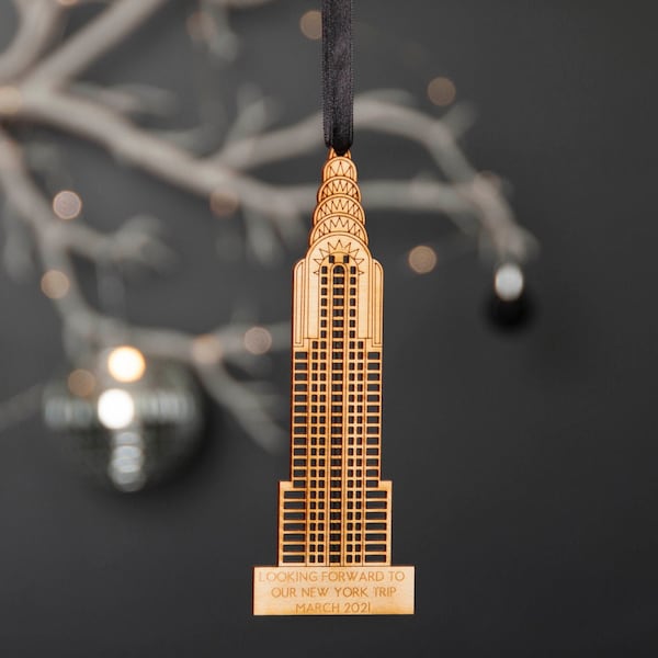 Personalised Chrysler Building Christmas Tree Decoration, New York Wooden Tree Ornament, New York Chrysler Building Souvenir