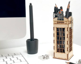London Telephone Box Desk Tidy, Wooden home office London desk ornament, Phone box themed Office Stationery Storage for Colleague