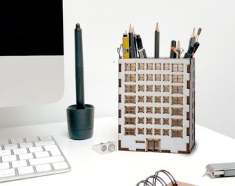 Architectural laser cut wooden desk tidy, London block of flats home office organiser, gift for work colleague, stationery storage gift