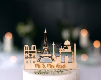 Parisian Skyline Wedding Cake topper, French architecture wedding cake decoration, Parisian skyline gift, Customised wedding cake ornament.