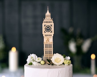 Personalised Big Ben Wedding Cake topper, London architecture cake decoration, London skyline cake token, Clock tower wedding cake ornament.