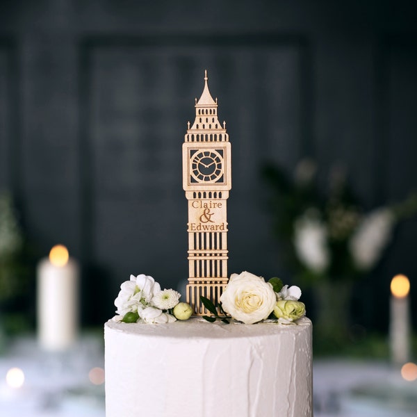 Personalised Big Ben Wedding Cake topper, London architecture cake decoration, London skyline cake token, Clock tower wedding cake ornament.