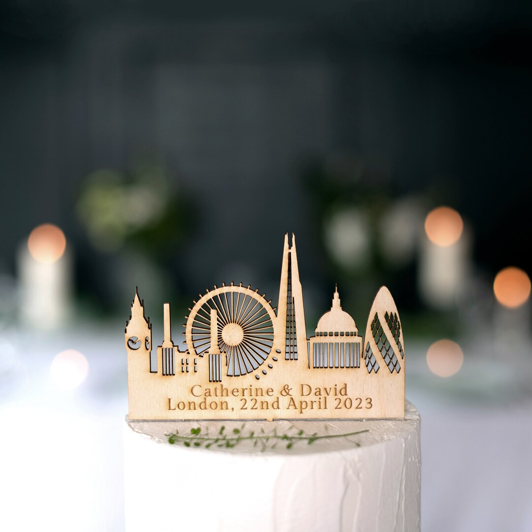 Personalised Wooden London Skyline Wedding Cake Topper, London