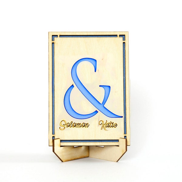 Personalised Newly Engaged Wooden & postcard, Personalised Names and Ampersand plaque and stand, Customisable Card for Newly Weds