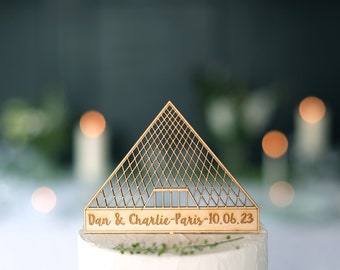 Personalised Wooden Louvre Pyramid Wedding Cake Topper, Laser Cut Paris Landmark Decoration Cake Topper, Parisian Wedding Cake Ornament.
