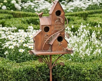 Decorative garden posts in the shape of four birdhouses, bronze in color.