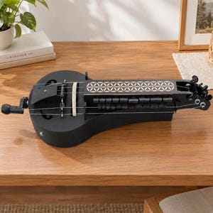 May include: A black hurdy-gurdy musical instrument featuring a crank handle on the side, a series of black keys, and a decorative light-colored geometric flower-of-life pattern along the top surface, with visible strings and a bridge.