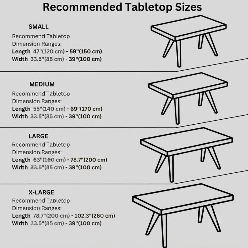 May include: A chart titled Recommended Tabletop Sizes displaying four rectangular table illustrations labeled Small, Medium, Large, and X-Large. Each category lists length and width dimension ranges in inches and centimeters for tabletop sizing.