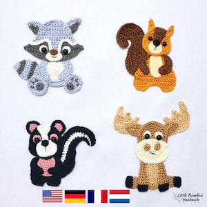 MUSTER- Waldtiere Applikation Set A-Waschbär, Eichhörnchen, Stinktier und Elch - Häkelanleitung, pdf