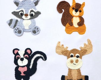 Conjunto de apliques de animales del bosque A: mapache, ardilla, mofeta y alce (patrón de ganchillo en PDF)