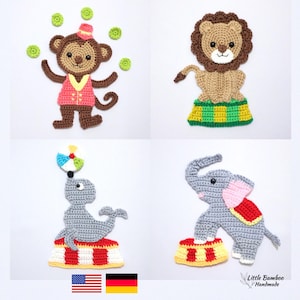PATTERN- Circus Animals Applique Set-Monkey, Lion, Seal and Elephant - Crochet Pattern, pdf