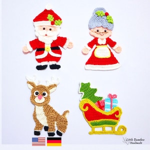 PATTERN- Magical Christmas Applique Set-Santa Claus, Mrs Claus, Rudolph, Sleigh - Crochet Pattern, pdf