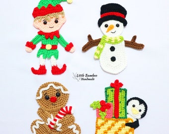 PATROON - Vrolijke kerstapplique set-elf, sneeuwpop, peperkoekman, pinguïn en cadeautjes - haakpatroon, pdf