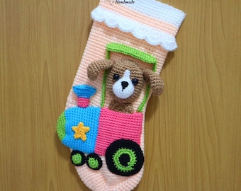 PATTERN-Dog On Train Christmas Stocking-Crochet Pattern, pdf