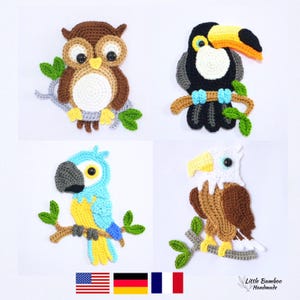 MUSTER- Vögel Applikationen Set- Eule, Papagei, Tukan und Adler - Häkelanleitung, pdf