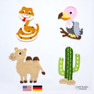 PATTERN- Desert Animals Applique Set-Rattle Snake, Vulture,  Camel and Cactus - Crochet Pattern, pdf