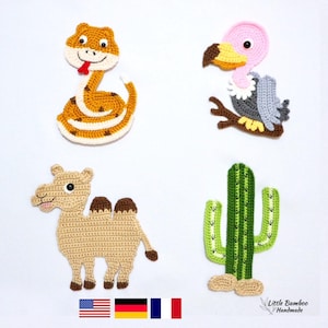 PATTERN- Desert Animals Applique Set-Rattle Snake, Vulture,  Camel and Cactus - Crochet Pattern, pdf