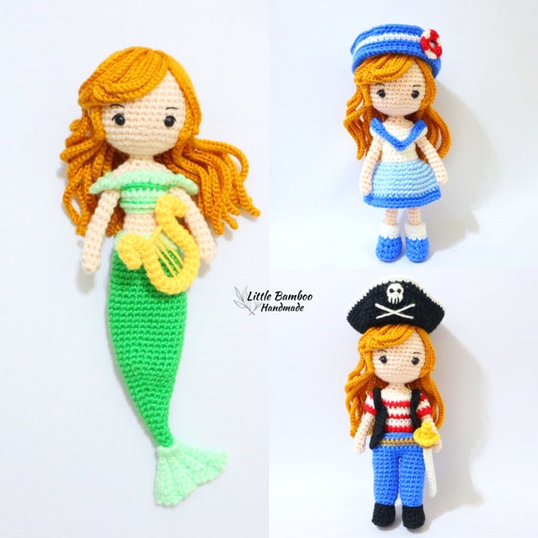 PATTERN-Sea Adventure Dress Up Doll Set-Mermaid, Pirate and Sailor-Crochet Pattern, pdf