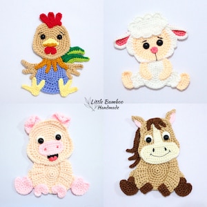 PATTERN- Farm Animals Applique Set - Rooster, Lamb, Pig and Horse - Crochet Pattern, pdf