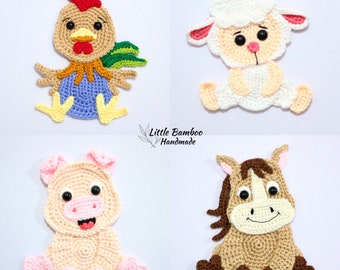 PATTERN- Farm Animals Applique Set - Rooster, Lamb, Pig and Horse - Crochet Pattern, pdf