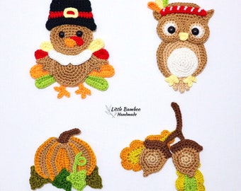 PATTERN- Thanksgiving Applique Set-Turkey, Native Owl, Pumpkin, Acorn - Crochet Pattern, pdf