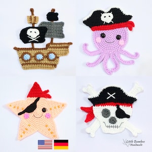 PATTERN- Pirate Applique Set-Ship, Octopus, Starfish and Skull - Crochet Pattern, pdf